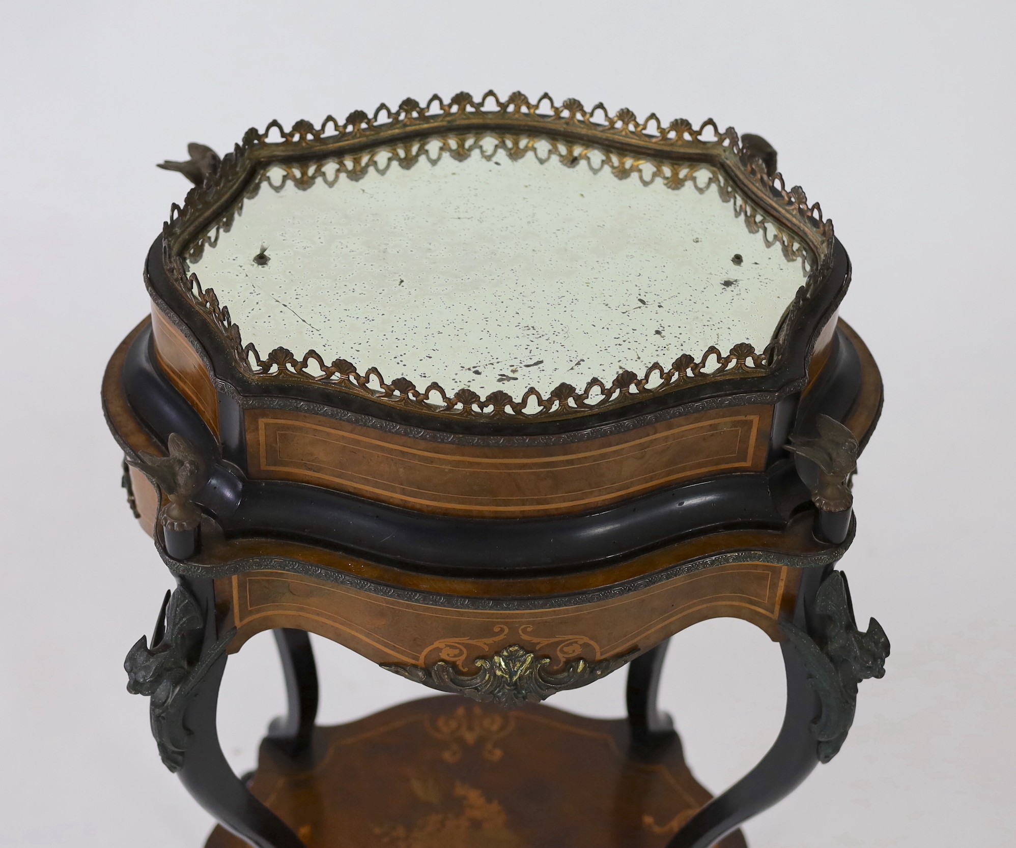 A 19th century French walnut and marquetry porcelain mounted two tier table, width 48cm, depth 35cm, height 88cm